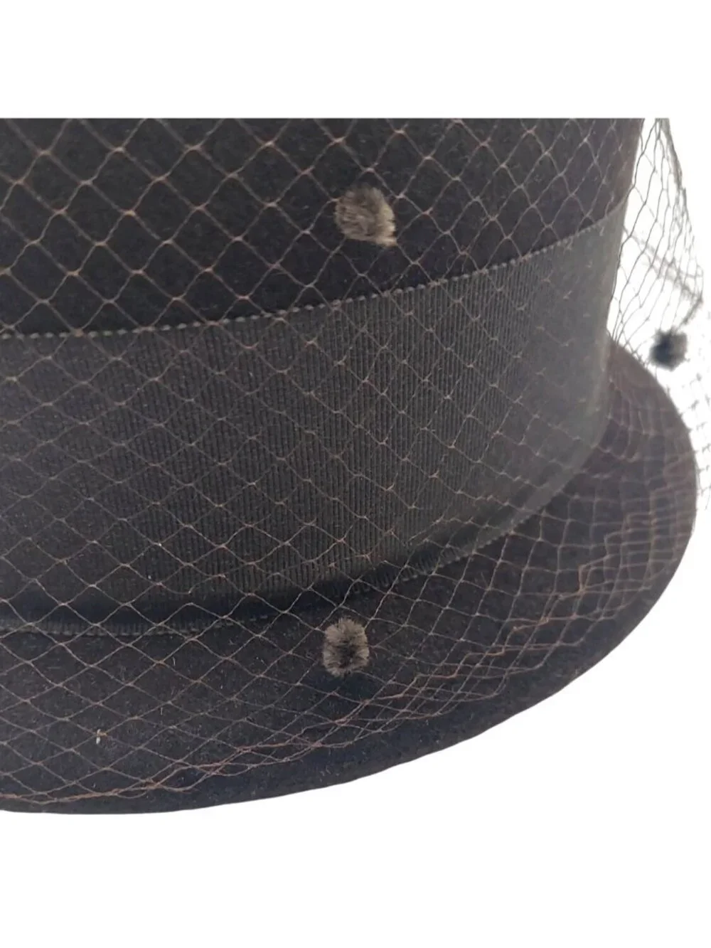 Henry Pollak Ritz Cloche Hat Brown Wool Netting Grosgrain Ribbon Bow Vintage MCM